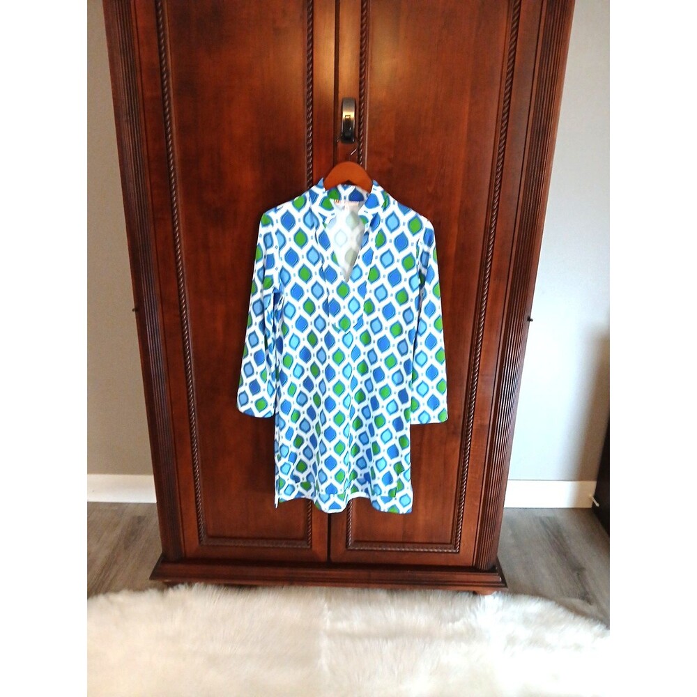 Jude Connally The Kate Dress Women's Size M V-Neck Stretch Geo White/Blue/Green